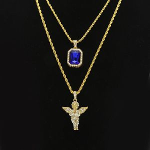 Mens Hip Hop Jewelry sets Mini Square Ruby Sapphire Full crystal Diamond Angel wings pendant Gold chain necklaces For male Hiphop 236p