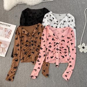 Women's Blouses Sexy Elastic Mesh Long Sleeve Butterfly Print Blouse Slim Chic Shirt Women Sweet Streetwear Korean Fashion Crop Top Y2k