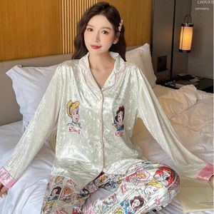 Women's Sleepwear Cartoon Princess Golden Velvet Pajamas Long Sleeve Internet Autumn And Winter Outer Wear Home Clothes Suit