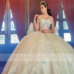 Ny ankomst Princess Ball Gown Quinceanera klänningar 2023 med 3D -fjärilsapplikationer Bow Birthday Prom Party Dress for 15th Girls 322