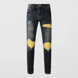 Jeans masculinos rua moda homens retro preto azul estiramento magro rasgado amarelo couro remendado designer hip hop marca calças