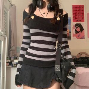 Kadın T-Shirt Harajuku Retro Çizgili Baskı Grunge Tshirts Eğik Boyun Düğmeleri Sonbahar Vintage Üstler Tees estetik şık sevimli ince uyum kıyafetleri 230419