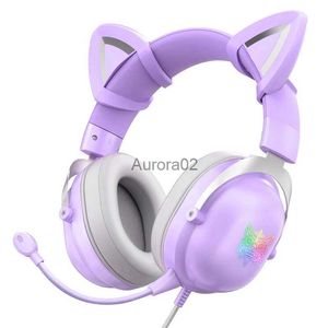 Cell Phone Earphones New arrival cute girl pink X11 cat ear headset with mic RGB light wired gaming headset for cell phone computer headphone YQ231120