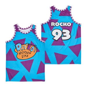 Film koszykówki 93 Rockos Jersey Modern Life Hiphop Oddychany zespół niebieski kolor Hiphop High School for Sport Fan Pure Cotton College Retro Shirt Summer Summer Summer