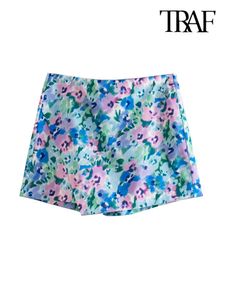 Women's Shorts TRAF Women Fashion Floral Print Skirts Vintage High Waist Back Zipper Female Skort Mujer 230419