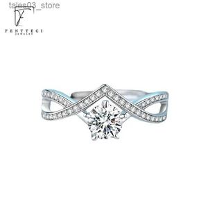 Bröllopsringar Fentteci 925 Sterling Silver Platinum Plated Luxury 1CT Moissanite D Color Ring for Women Cross V-Shaped Twist Arm Ring Wedding Q231120