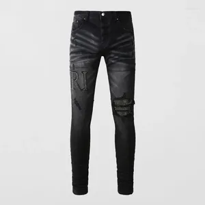 Männer Jeans High Street Fashion Männer Retro Schwarz Grau Stretch Skinny Ripped Perlen Patch Designer Hip Hop Marke Hosen hombre