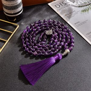 Strands Strings 8mm Natural Amethyst Beads Knotted 108 Japa Mala Rosary Necklace Meditation Prayer Yoga Jewelry for Men and Women 230419