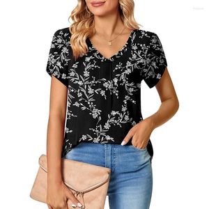 Women's T Shirts Women Short Petal Sleeve Blouses Boho Floral Print V-Neck Loose Fit Tunic