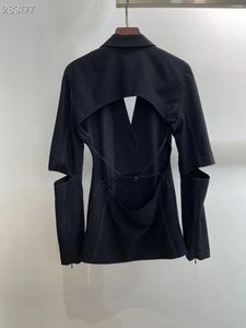 여자 재킷 FYION 2023 활주로 검은 길이 슬리브 싱글 가슴 수집 등이없는 블레이저 여성 솔리드 슬림 패션 우아한 재킷