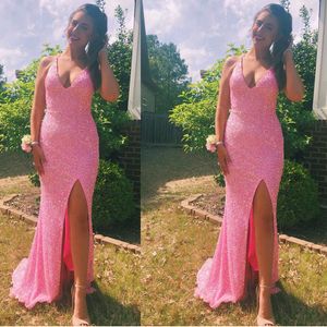 Sexy Spaghetti Strap Sequin Prom Dresses Side Split Mermaid Graduation Party Gown Criss Cross Straps Robe de soiree for Women