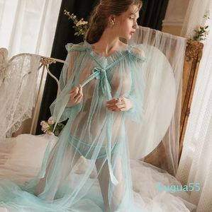 Fashion-Women's Sleepwear Large Size Lace Mesh Perspective Loose Sexy Home Long Style Women's Sense of Sleeping Dress