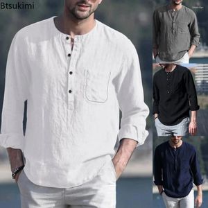 Men's T Shirts 2023 Cotton Linen Solid Casual Blouse Crew Neck Long Sleeve Tee Shirt Summer Autumn Soft Camisetas