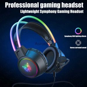 Mobiltelefonörlurar Gamer -headset med mikrofonprofessinal mikrofon surround superbas RGB bakgrundsbelysning PC Wired Gaming -hörlurar YQ231120