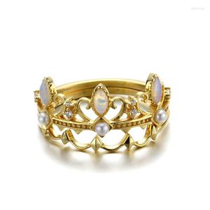 Cluster Ringe UNICE Echter 9 Karat Gold Ring Natürlicher Edelstein Oval Opal Stapelbar Krone Perle Braut Set Party Geschenk Feiner Schmuck Teilbar