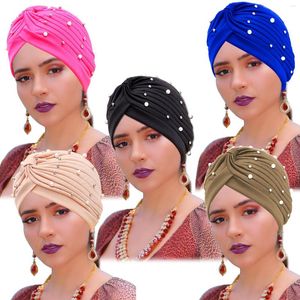 Etnik Giyim 10 Renk Afrika Türbanlar Önde Knot Headwrap Faux İnci Boncuk Kafa Beanie Bonnet Yumuşak Headscarf Kadın Uyku Kapağı Noel