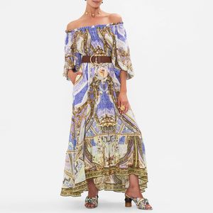 Australian designer silk blue floral print long sleeved slash neck long dress