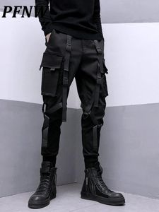 Herrbyxor PFNW Darkwear Safari Style Webbing Spliced ​​Cargo Pants Men High Street Streetwear Elastic Midje Slim Tactical Techwear 12A1634 230420