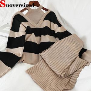 Women Dwuczęściowe spodnie Ultrafine 4xl AutumnWinter Knited 2 -ROUCE Korean Striped Flower Set i Pocket Solid Wide Lece ConjUntos 231118