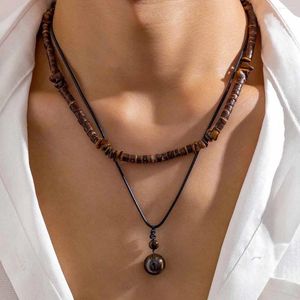 Pendant Necklaces Salircon Vintage Ethnic Geometric Gravel Chain Clavicle Necklace Boho Coconut Shell Wood Bead Men's Neck Jewelry