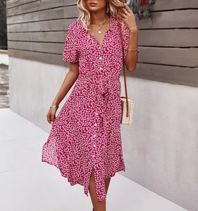 Women's Sweaters Summer Floral Print Dress Women Casual Bandage Vintage Button Midi Dresses Female Short Sleeve Boho Beach Holiday SundressW