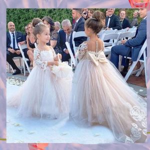NEW Lace Pageant Flower Girl Dress Bows Children's First Communion Dress Princess Tulle Ball Gown Wedding Party Dress 2-14 Years