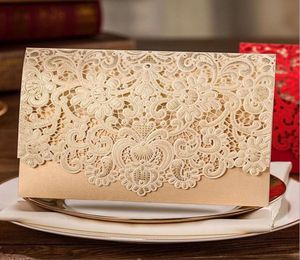 100pcs Gold Horizontal Cut Invitations Wedding Invitations Kits con cartulina de papel de perla de Flora Hollow para Customizable7939931