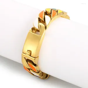 Link Pulseiras HAOYI Pulseira cubana colorida de aço inoxidável larga pesada masculina e feminina K joias de ouro