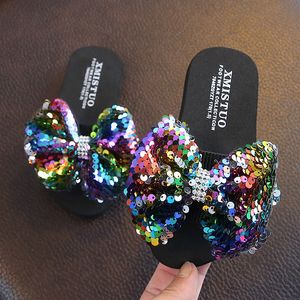 Slipper Fashion Sequin Bow Girl Slipers Princess Shoes Children Beach Slipper Girl Sandals Flats Non-Slip Soft Kids Slippers 230419