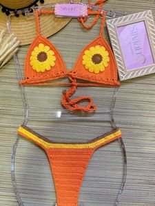 Damenbadebekleidung Frauen Häkeln Bikini Sets Weibliche Sexy Blumen Badeanzug Verstellbare Schnürung Top Orange und Blau Farbe Boho Beachwear Schwimmen