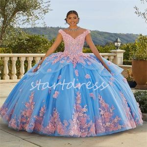 Prinsessa blå quinceanera klänningar med rosa blommor sexig v hals sexton födelsedag klänning snörning bal klänning tävling prom klänning 2024 vestidos de 15 anos sweet 16 party klänning