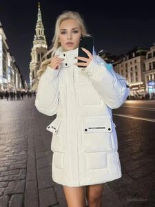 Womens Down Parkas Winter Fashion Cotton Jacket Zipper Loose Coat White Solid Thick Hooded Warm Inflatable 231118