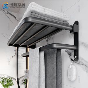 Handduk Rack Rack 40-60 cm fällhållare med krok badrumstillbehör väggmonterade rälsa duschhängare aluminium bar matt svart hylla 230419