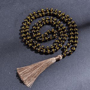 Cordões de cordas 108 seis palavras Mantra obsidian mala malha e um colar de nodoso bênção meditação yoga tibetano jóia jóias de borla 230419
