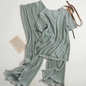 Women's Two Piece Pants Two-piece Set Casual Suit Female 2023 Summer Temperament O Neck T-shirt High Waist Slit Wide Leg Womens