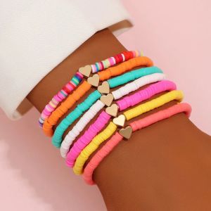 Heishi Bracciali Set Perline Fili Arcobaleno Oro Amore Cuore Fascino Stretch 4mm Argilla Morbida Impilabile Braccialetti Boho Regali Estate Spiaggia Gioielli Accessori