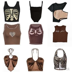 Kadın Tankları Camis 2023 Vintage Brown Halter Camisole Hollow Out Siber Y2K mahsulü üst kadınlar Gotik Seksi Estetik Peri Korse Tank Camis 90s Giyim Müzik Festivali