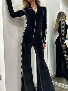 Kobiety Jumpsuits Rompers Velvet Patchwork Printing Jumpsuits for Woman elegancka moda Joks kombinezonu długie rękawy wysokie talia szerokia noga 2023 NOWOŚĆ P230419