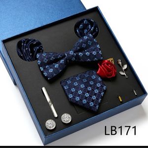 Gravatas masculinas conjunto caixa de presente com gravata borboleta bolso quadrado abotoaduras clipe broches 8 pc terno para festa de casamento busniess homens 231118