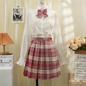 Vestidos de trabalho conjunto de duas peças manga longa camisa branca japão jk saia xadrez estudantes arco curto cintura alta saias plissadas feminino ternos de primavera