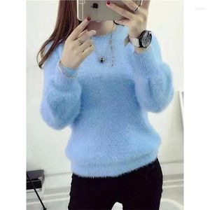 Women's Sweaters Winter Imitate Mink Wool Fleecing Female O-neck Long Puff Sleeve Elastic Casual Sweater Women Knitted Tops Pullovers Solid