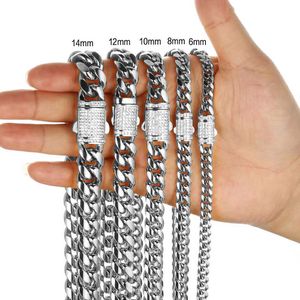 6/8/10/12/14mm Miami Cuban Link Chain Necklace Bracelet Curb Choker Chains Jewelry CNC Cubic Zirconia Box Clasps 316L Stainless Steel For Men Women