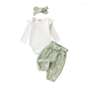 Kleidungssets, Gänseblümchen-Druck-Outfit, Baby-Kleidung, einfarbig, gerippter Rüschen-Strampler, Langarm-Hosen, Stirnbänder, Set für 3 6 12 18 24 Monate