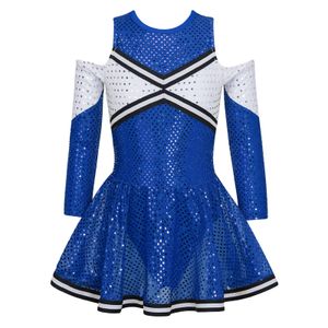 Cheerleading Kids Girls Shiny Sequins Cheerleading Uniform Dance Costume Long Sleeve Off-shoulder Round Neckline Cheerleader Dance Dress 230420