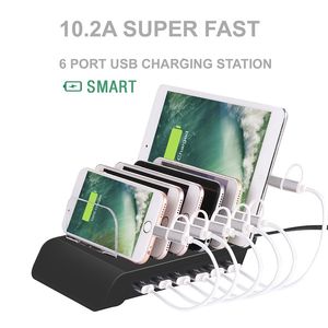 Super Fast 6 Ports USB Charging Station 10.2A Flera enheter Laddaradapter Smartphone Dock Hub Tablett Desktop Desk Cell Holder Stand Stand Stand