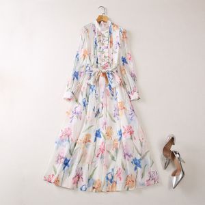 2023 Multicolor Floral Print Belted Slave Stand Stand colar com painéis maxi longos vestidos casuais A3A101459