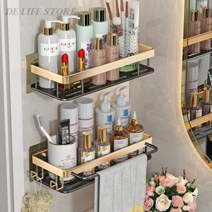 Bathroom Shelves Luxury Without Drilling RustProof Aluminum Shower Wall Shelf Shampoo Towel Holder Organizer Accessorie 230419