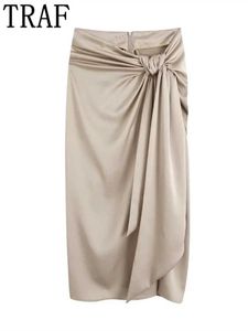 Kjolar fälla knutna långa kjol kvinnor hög midja kjol med slits ruched eleganta kjolar kvinna mode 2022 vintage midi split kjol p230420