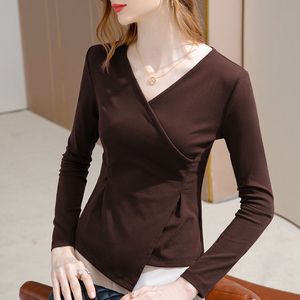 القميص السفلي V-neck للنساء 2023 New Women's Cross V-Deace Long Dived Cotton Shirt مع تصميم غير منتظم شعور متخصصة قمة