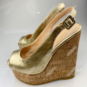 Olomm Donna Slingback Sandali Cinturino con fibbia Zeppe Sandali con tacco alto Peep Toe Splendide scarpe da festa in oro Donna US Plus Size 5-20